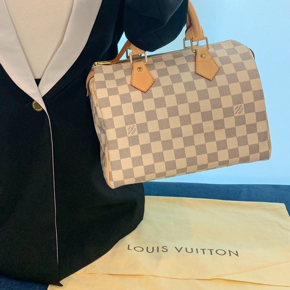 ✨ Louis Vuitton Speedy 25 Damier Azur Handbag Purse, Shaper & Dustbag BIG SALE ✨
